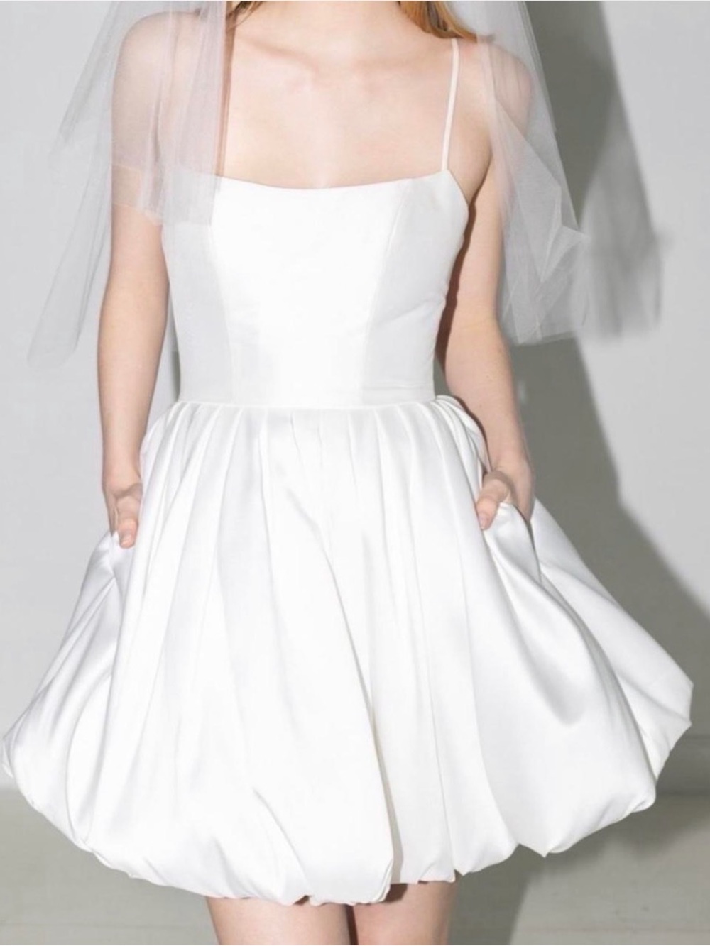 Watters White Spaghetti-Strap Bubble Hem Bridal Dress